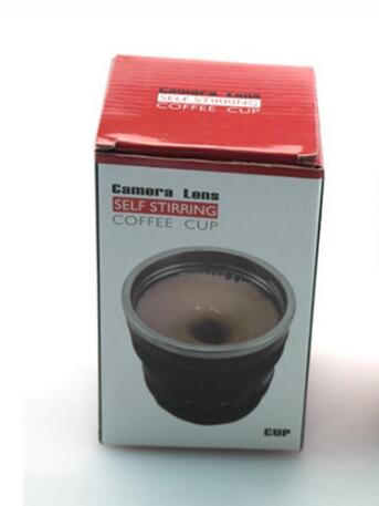 Camera Lens Self Stirring Mug packaging featuring a unique design resembling a camera lens for innovative drinking.
