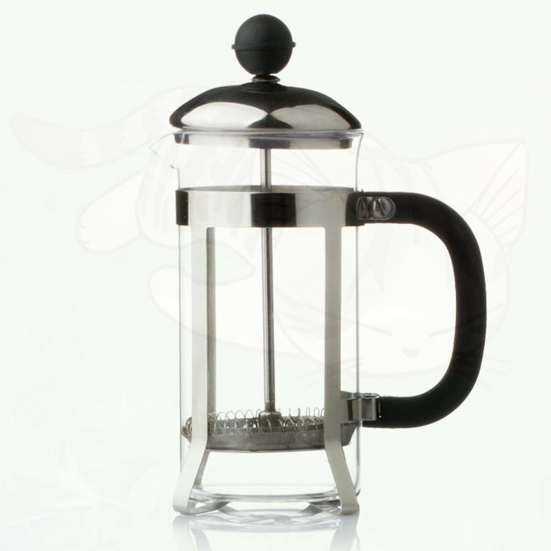 Coffee grinder and French press set featuring a stylish French press pot with stainless steel and glass design.
