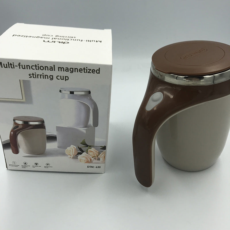 Electric coffee cooler stirrer to cool doewn shown alongside multi-functional magnetized stirring cup.