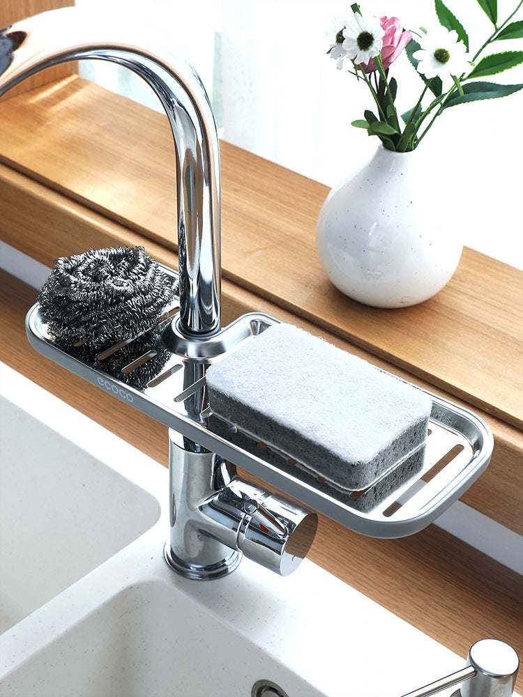 Stainless Steel Sink Storage Rack mounted on kitchen tap