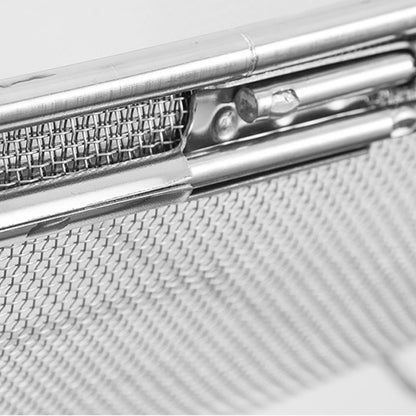 Close-up of the fine mesh basket of an over-sink stainless steel drain rack for easy food draining.