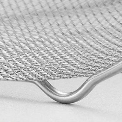 Close-up of the fine mesh of an over-sink stainless steel drain rack for food draining and rinsing.