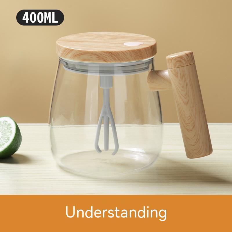 self stirring coffee mug with 400ML capacity and wooden lid for effortless mixing of beverages.