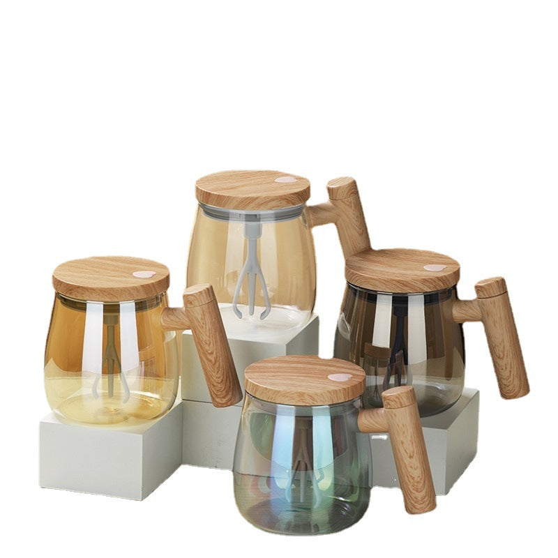 self stirring coffee mug with various colors and wooden handles displayed on a white background