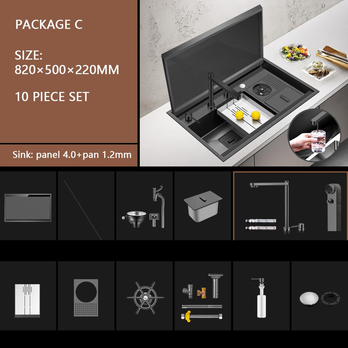 Stainless Steel Kitchen Sink with nano black finish and accessories