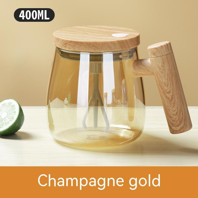 self stirring coffee mug with champagne gold finish and wooden lid, ideal for mixing beverages effortlessly.
