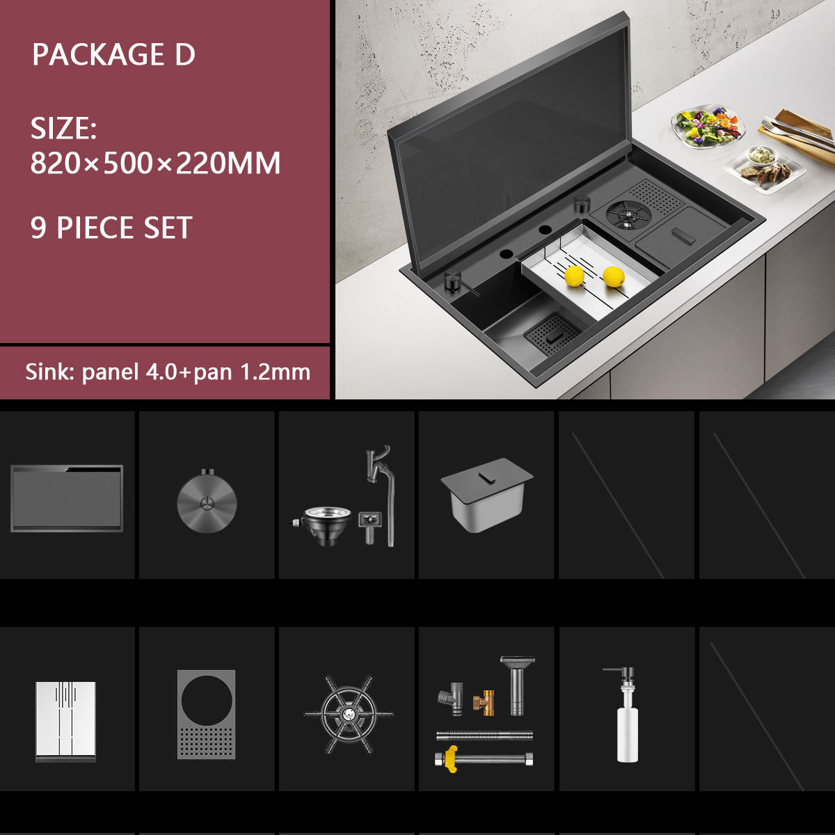 Stainless Steel Kitchen Sink with nano black finish and accessories