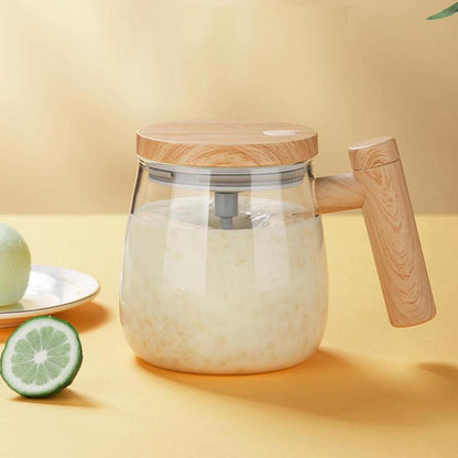 self stirring coffee mug with innovative design and wooden lid, ideal for effortless beverage mixing.