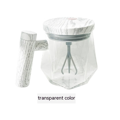 Portable self-stirring coffee mug with transparent color and built-in electric whisk for effortless stirring.