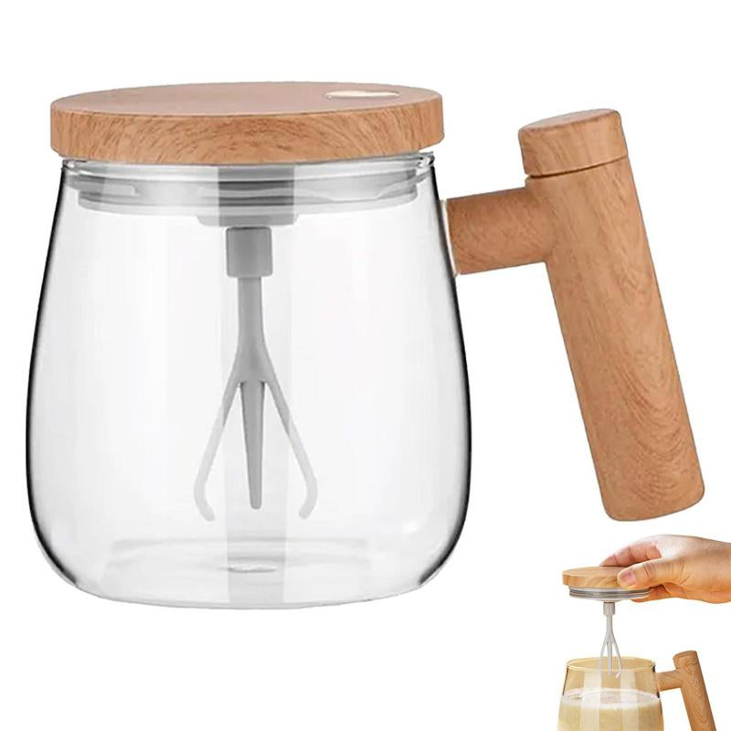 self stirring coffee mug with a wooden lid and ergonomic handle for effortless mixing of beverages.
