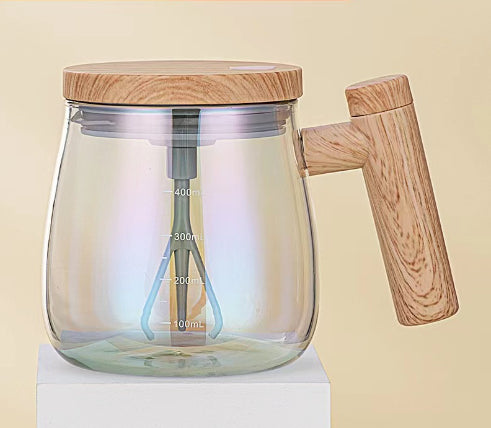self stirring coffee mug with transparent design and wooden lid for effortless beverage mixing.