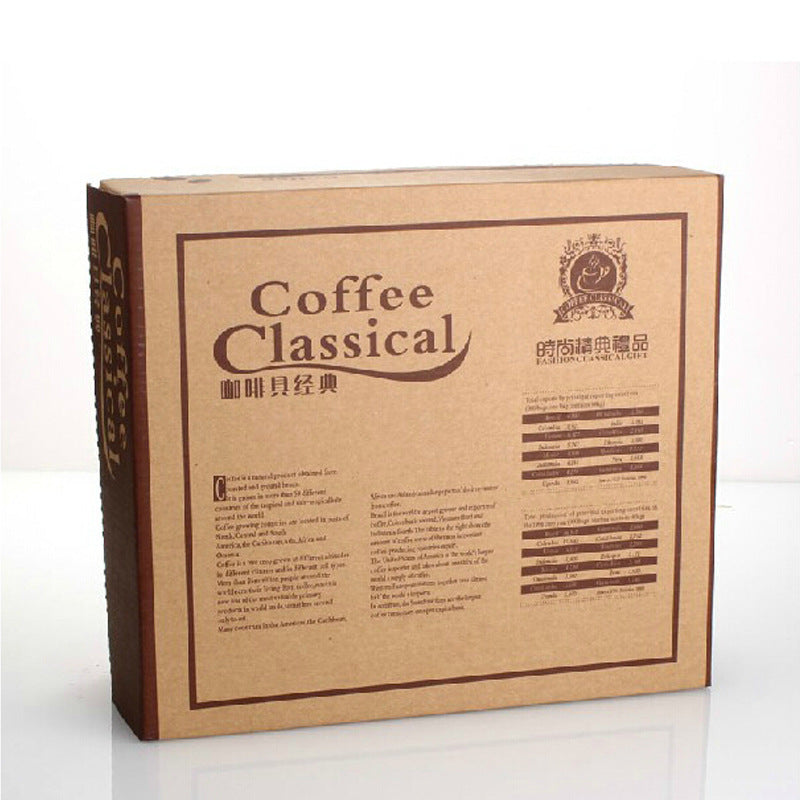 Coffee grinder and French press set packaging with classic design and information.