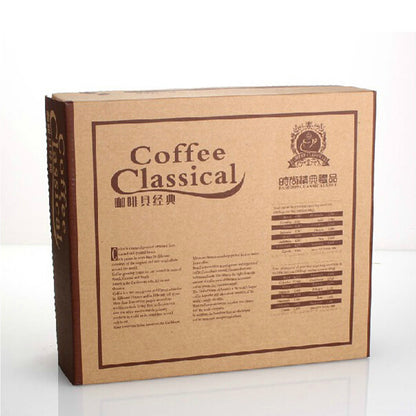 Coffee grinder and French press set packaging with classic design and information.