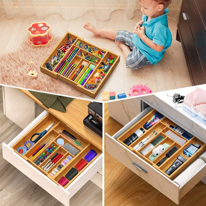 Bamboo Expandable Kitchen Drawer Storage Box in natural wood finish