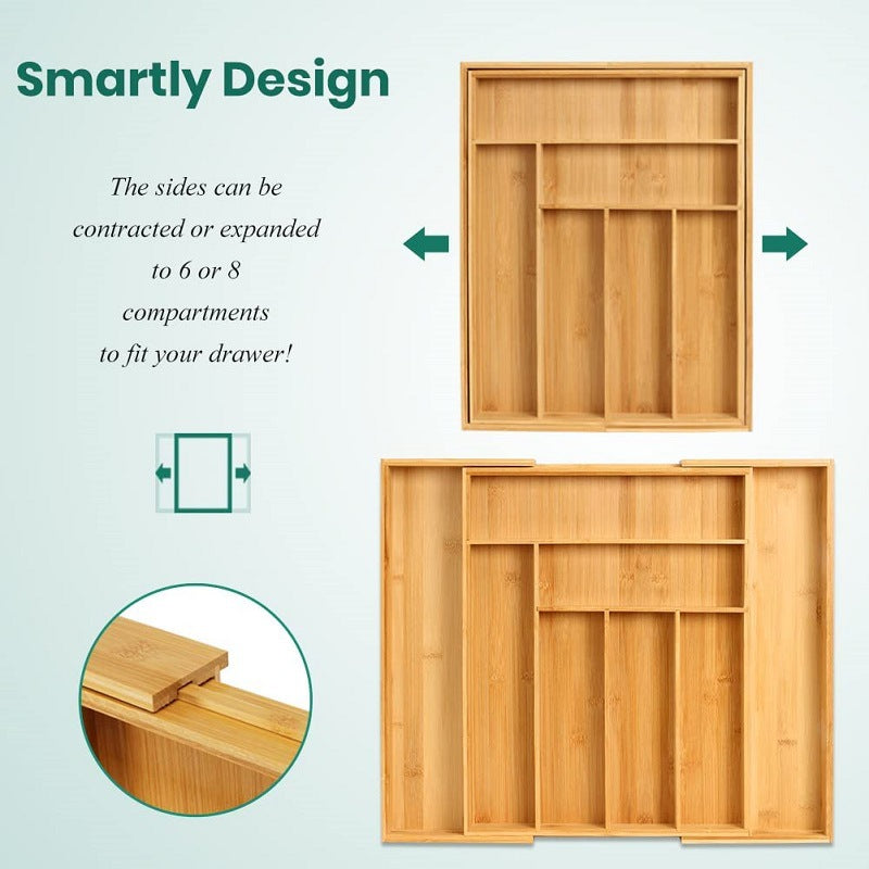 Bamboo Expandable Kitchen Drawer Storage Box in natural wood finish
