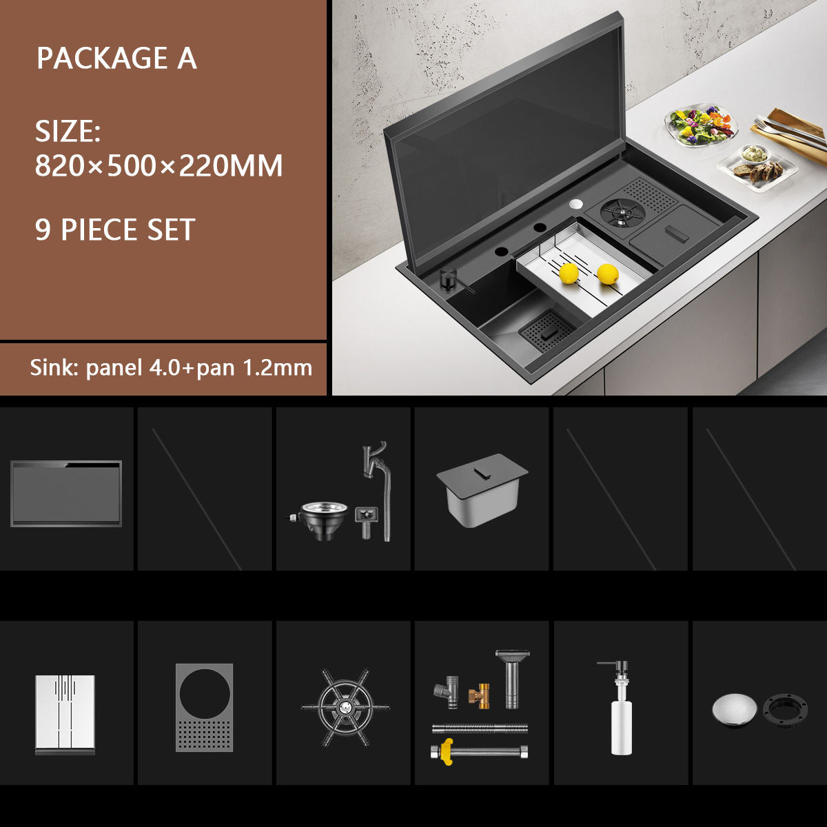 Stainless Steel Kitchen Sink with nano black finish and accessories