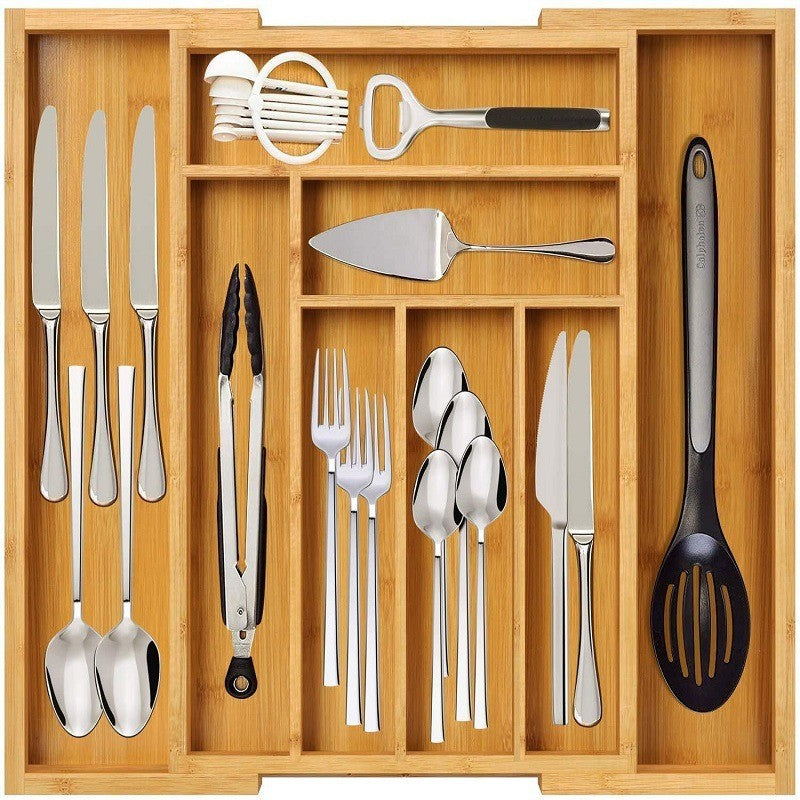 Bamboo Expandable Kitchen Drawer Storage Box in natural wood finish