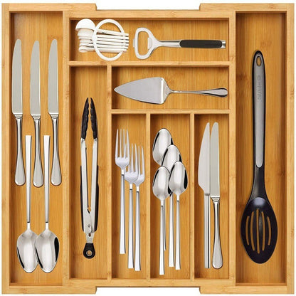 Bamboo Expandable Kitchen Drawer Storage Box in natural wood finish