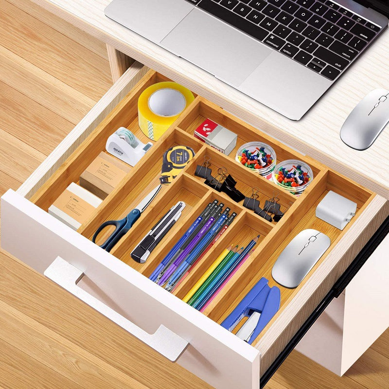 Bamboo Expandable Kitchen Drawer Storage Box in natural wood finish