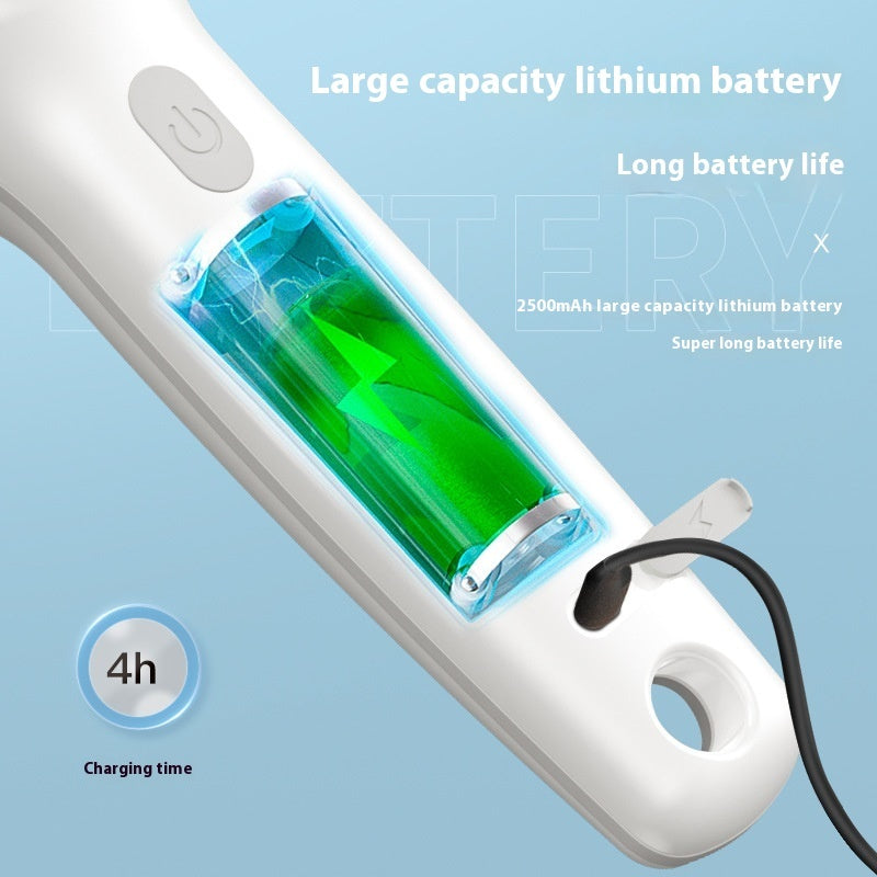 Close-up of 2500mAh large capacity lithium battery in multifunctional electric cleaning brush, showing long battery life.