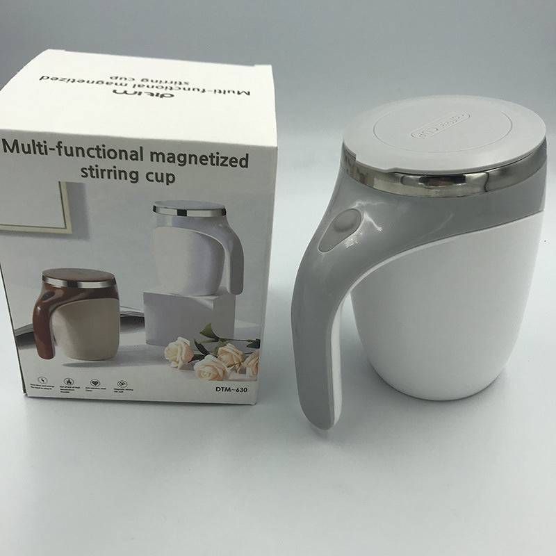electric coffee cooler stirrer to cool doewn displayed beside its packaging and multi-functional magnetized stirring cup.