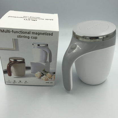 electric coffee cooler stirrer to cool doewn displayed beside its packaging and multi-functional magnetized stirring cup.