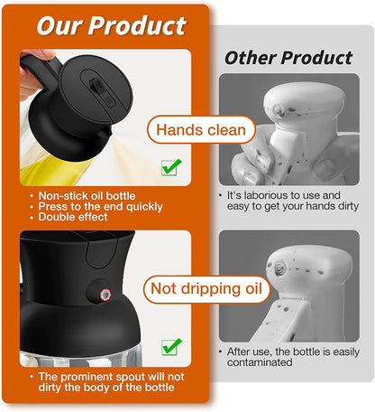 Comparison image showing Dual-use Oil Dispenser and Sprayer benefits: hands clean and no dripping oil versus other products.